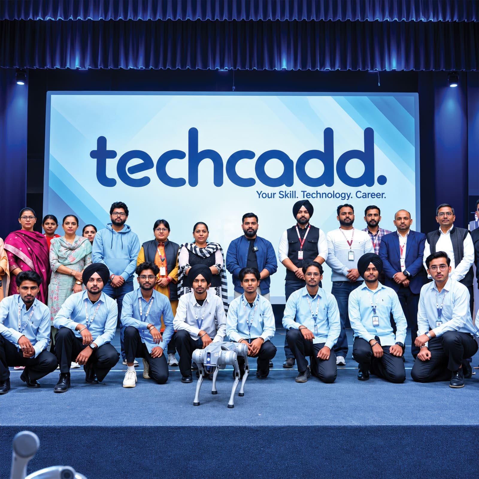 TechCADD team and students on stage with the robot dog