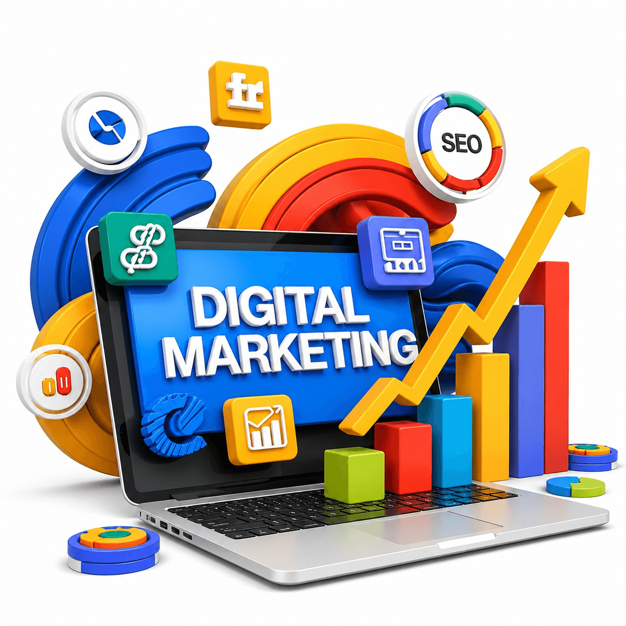 A laptop reading Digital Marketing surrounded by the tools the programme covers: SEO, analytics dashboards, ad formats and a rising performance graph