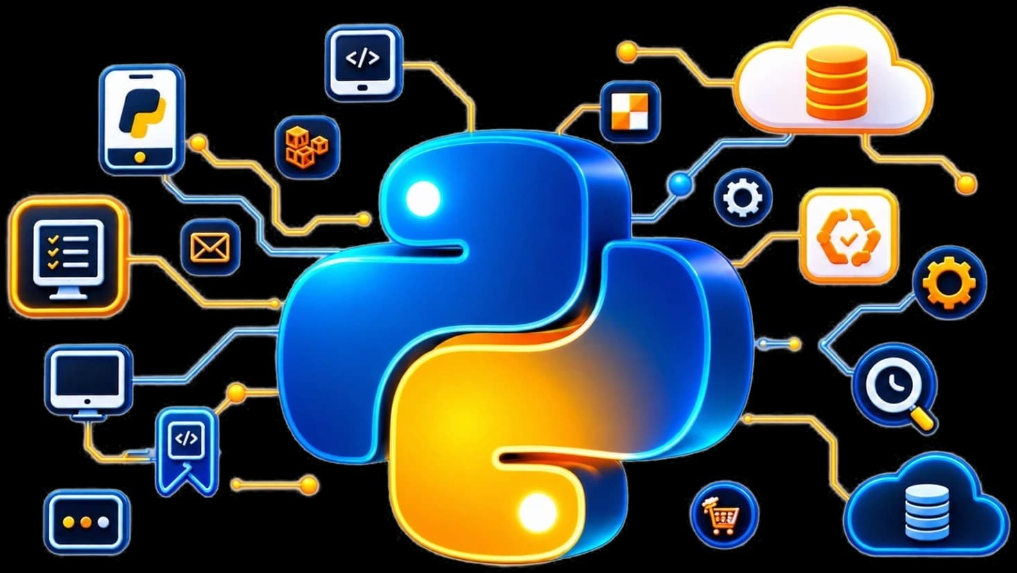 The Python logo wired to the tools the programme covers: APIs, databases, cloud services, automation and testing