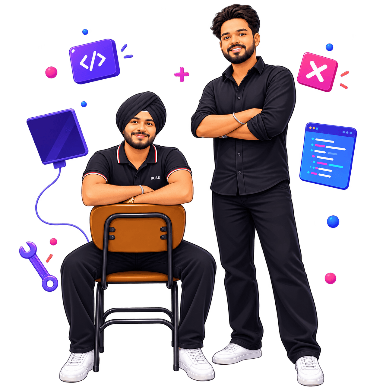 An illustration of the two trainers who run the cybersecurity programme at techcadd Jalandhar
